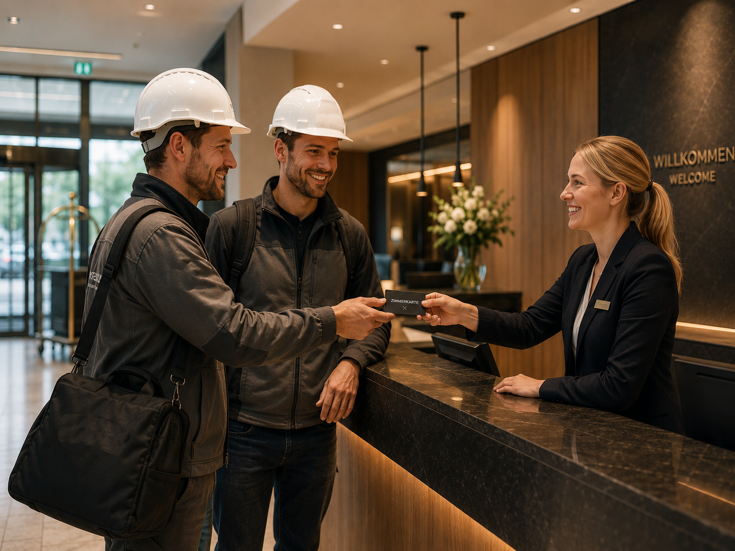 Zwei Monteure checken an der Hotelrezeption ein und erhalten ihre Zimmerkarte